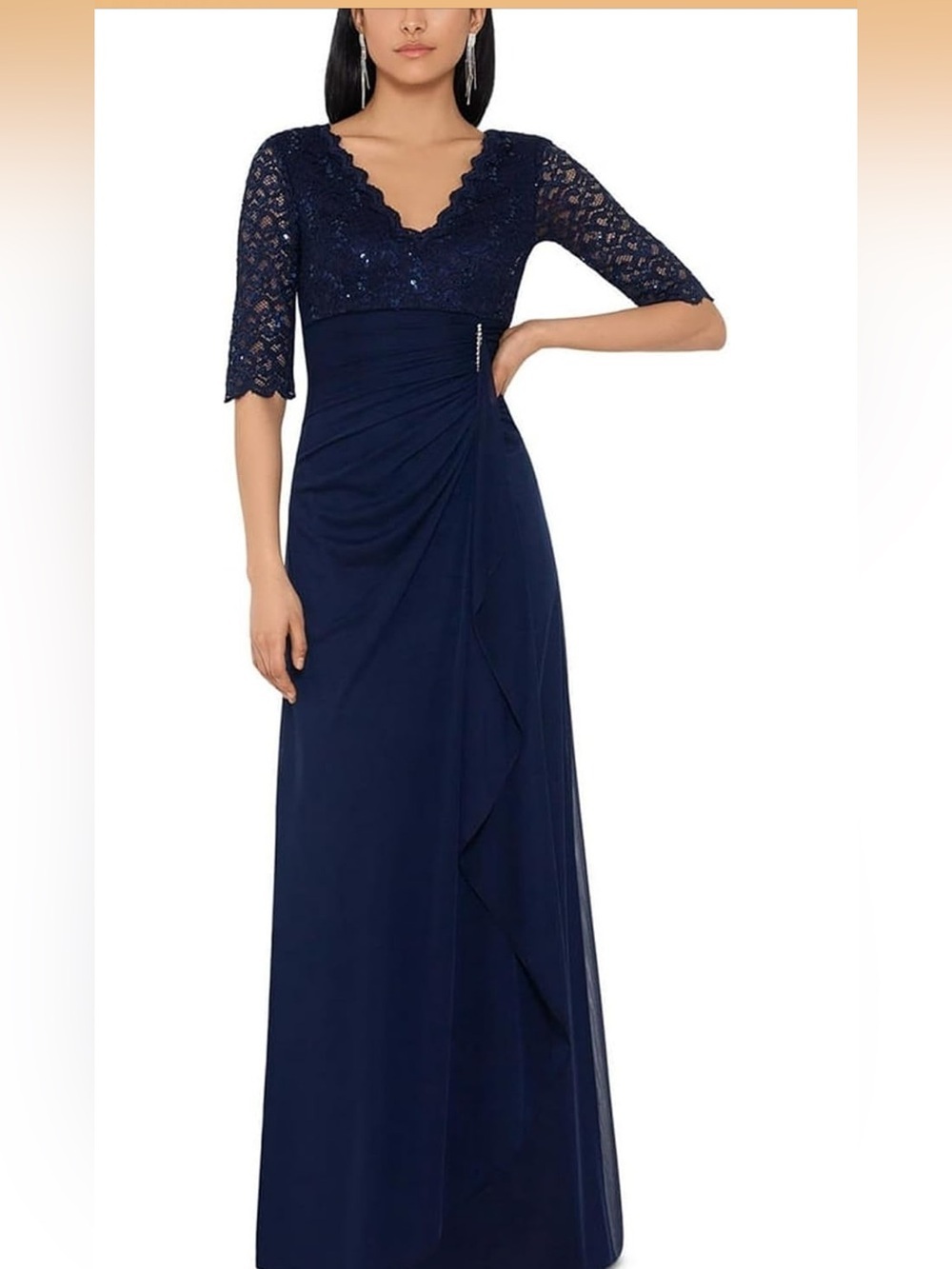 Betsy & Adam Womens Lace-Top Waterfall-Detail Maxi Dress 14. 2127/DC-6